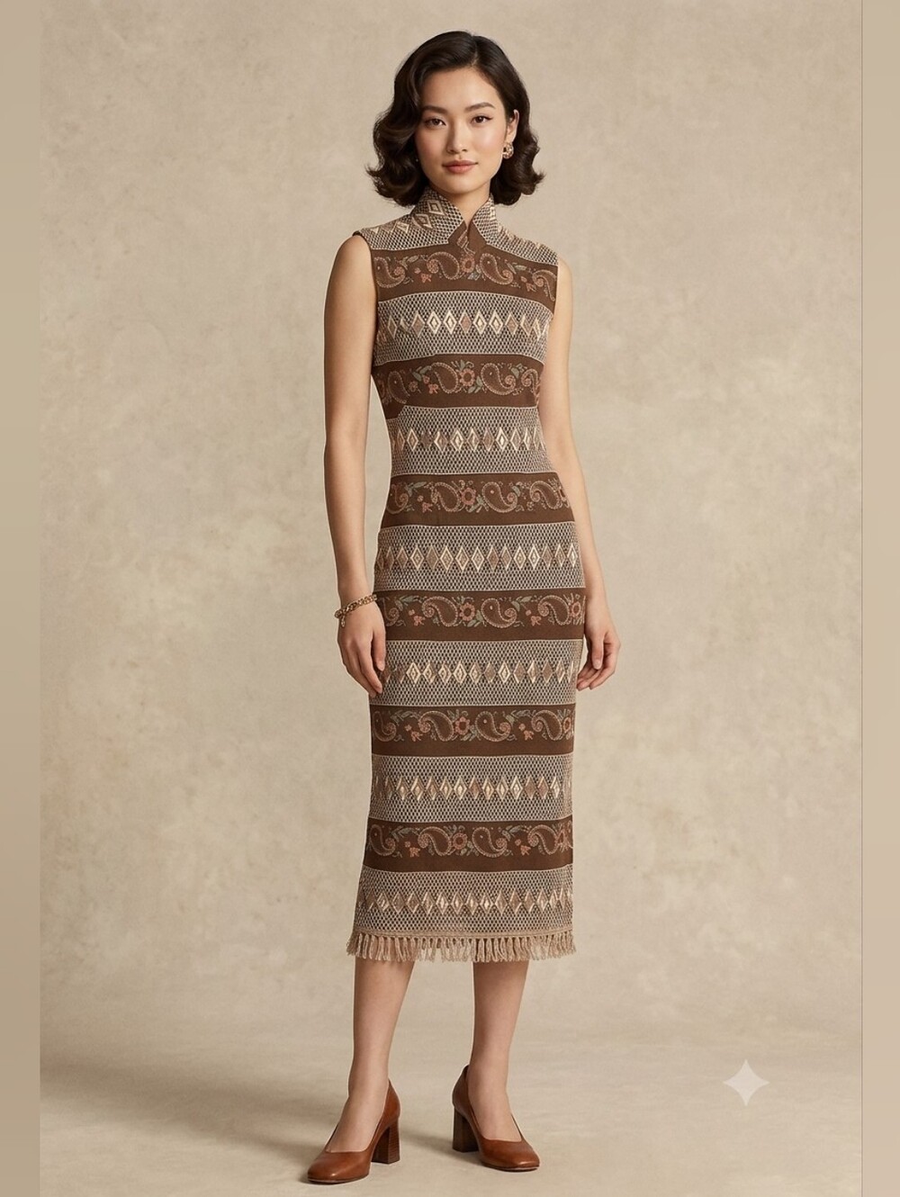 vintage Homemade sleeveless qipao Cheongsam Brown Small
